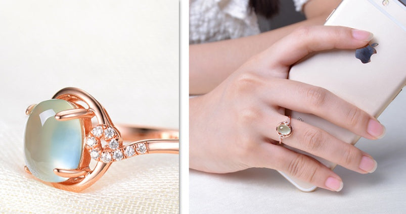 Furong stone powder crystal gemstone ring rose gold lady ring Japanese and Korean version of the index finger tail ring opening silver ring